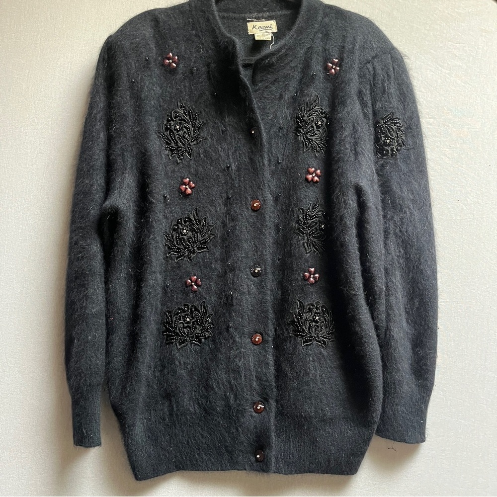 Vintage Keomi Black Angora Beaded Cardigan Sweater Pearl Floral Coquette Sz M